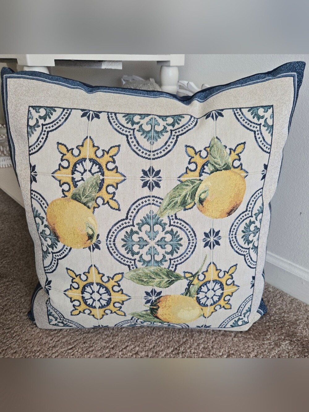 Decorative Lemon Tile Throw Pillow - Blue and Yellow